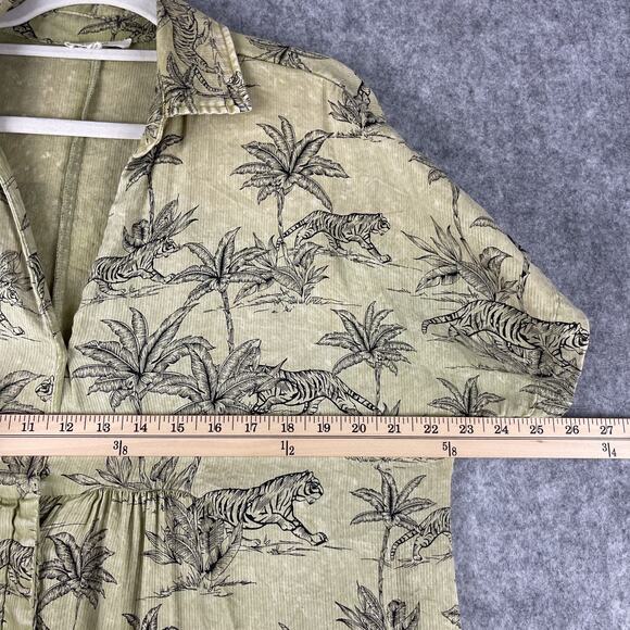 Easel Dress Small Green Tiger Print Button Front Midi Boho Safari Slits Roll Tab - Picture 7 of 16